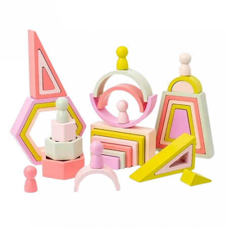 Jucarii interactive - Set de 35 de piese din lemn, curcubeu, culori pastel, blocuri de constructie pentru Prescolari, Jucarie pentru dezvoltare timpurie, Educatie Montessori,  3 ani+ EduJucarii