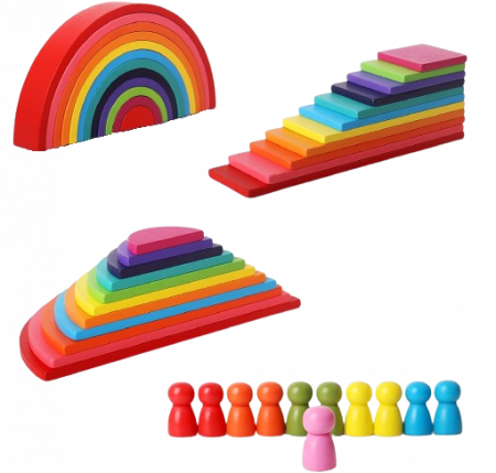 Set de 45 de piese din lemn, curcubeu, blocuri de constructie 4 in 1 Prescolari, Jucarii pentru dezvoltare timpurie, Educatie Montessori, 12 luni+ [2]