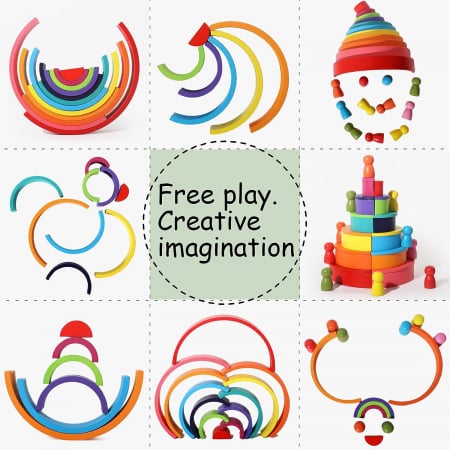 Set de 45 de piese din lemn, curcubeu, blocuri de constructie 4 in 1 Prescolari, Jucarii pentru dezvoltare timpurie, Educatie Montessori, 12 luni+ [3]