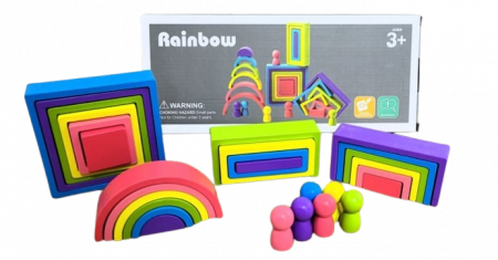 De Bebe - Set de 28 de piese din lemn, curcubeu, blocuri de constructie pentru Prescolari, Jucarie pentru dezvoltare timpurie, Educatie Montessori,  3 ani+ EduJucarii