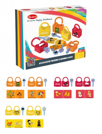 Set de 6  Lacate, 6 chei, cartonase de asociere cu imagini diverse, Broscuta, Norisori, Cuvinte, 18 piese, 3 ani +, Edujucarii [6]