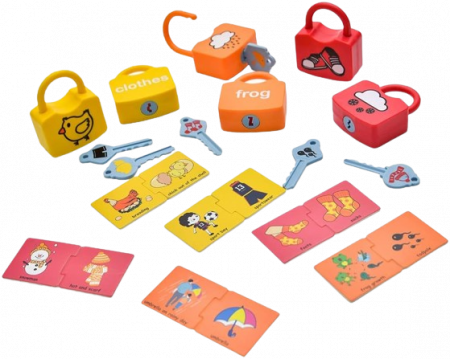 Jucarii si jocuri educative - Set de 6  Lacate, 6 chei, cartonase de asociere cu imagini diverse, Broscuta, Norisori, Cuvinte, 18 piese, 3 ani +, Edujucarii