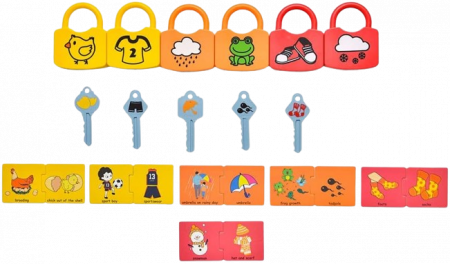 Set de 6  Lacate, 6 chei, cartonase de asociere cu imagini diverse, Broscuta, Norisori, Cuvinte, 18 piese, 3 ani +, Edujucarii [1]