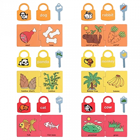 Set de 6  Lacate, 6 chei, cartonase de asociere cu imagini diverse, Panda, Vacuta, Catelus, cuvinte, 18 piese, 3 ani +, Edujucarii [3]