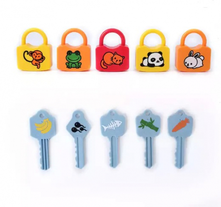 Set de 6  Lacate, 6 chei, cartonase de asociere cu imagini diverse, Panda, Vacuta, Catelus, cuvinte, 18 piese, 3 ani +, Edujucarii [9]