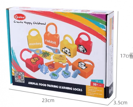 Set de 6  Lacate, 6 chei, cartonase de asociere cu imagini diverse, Panda, Vacuta, Catelus, cuvinte, 18 piese, 3 ani +, Edujucarii [10]