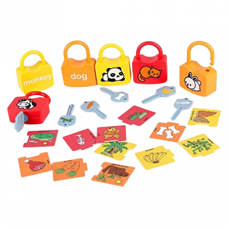 Set de 6  Lacate, 6 chei, cartonase de asociere cu imagini diverse, Panda, Vacuta, Catelus, cuvinte, 18 piese, 3 ani +, Edujucarii [2]