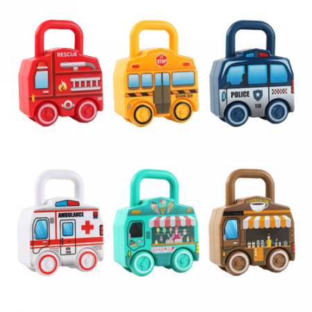 Set de 6  Lacate Masini cu Numere si 6 chei, Ambulanta, Politie, Autobuz Scolar, Camion cu Inghetata si Camion cu ceai,  Jucarie Educativa, Edujucarii [6]