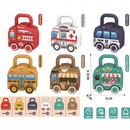 Set de 6  Lacate Masini cu Numere si 6 chei, Ambulanta, Politie, Autobuz Scolar, Camion cu Inghetata si Camion cu ceai,  Jucarie Educativa, Edujucarii [1]