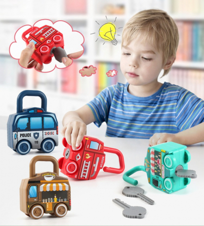 Set de 6  Lacate Masini cu Numere si 6 chei, Ambulanta, Politie, Autobuz Scolar, Camion cu Inghetata si Camion cu ceai,  Jucarie Educativa, Edujucarii [11]