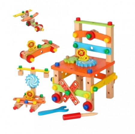 Set de constructie 3 in 1, scaun, avion, masinuta, lemn,  Montessori, 3 ani +, Edujucarii [0]