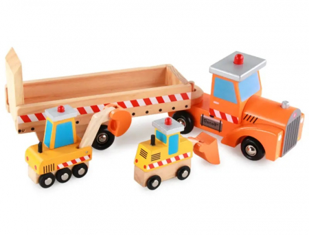 Jucarii de rol - Set de Jucarii din Lemn, Tractor cu Platforma, Buldozer si Excavator, 4 Piese, 40 cm, 3 ani+