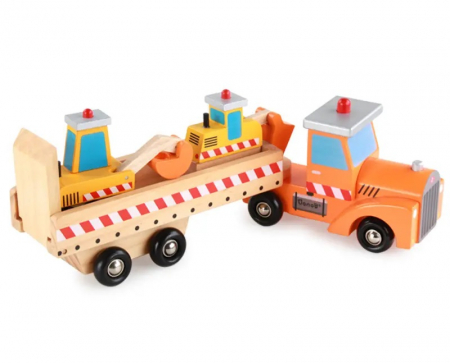 Set de Jucarii din Lemn, Tractor cu Platforma, Buldozer si Excavator, 4 Piese, 40 cm, 3 ani+ [1]