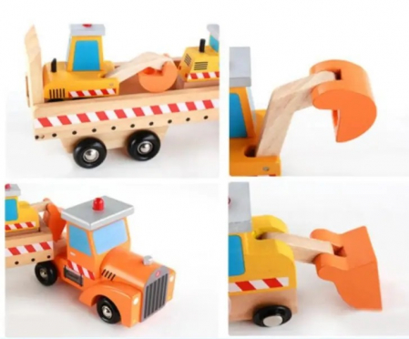 Set de Jucarii din Lemn, Tractor cu Platforma, Buldozer si Excavator, 4 Piese, 40 cm, 3 ani+ [6]