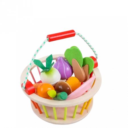 Jucarii de rol - Set de jucarii magnetice de feliat, Cosulet cu legume din lemn, Set de bucatarie pentru joaca, 17 piese, 3 ani+, Edujucarii