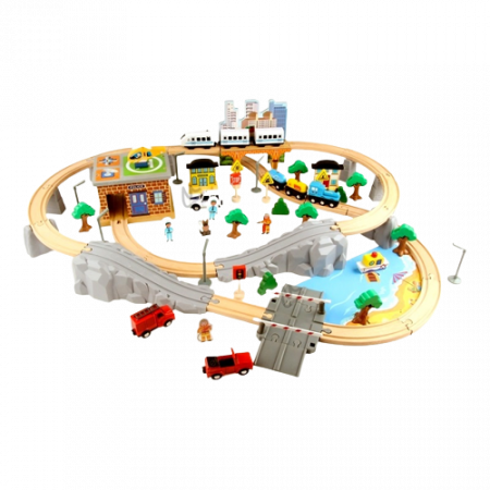 Set Mare Circuit de Tren din lemn, cu locomotiva electrica si o multime de detalii de jucat in tot orasul, 95 piese, Wood Mom [0]