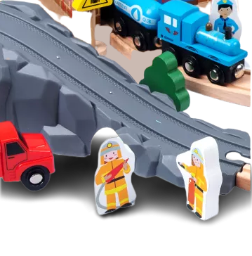 Set Mare Circuit de Tren din lemn, cu locomotiva electrica si o multime de detalii de jucat in tot orasul, 95 piese, Wood Mom [11]