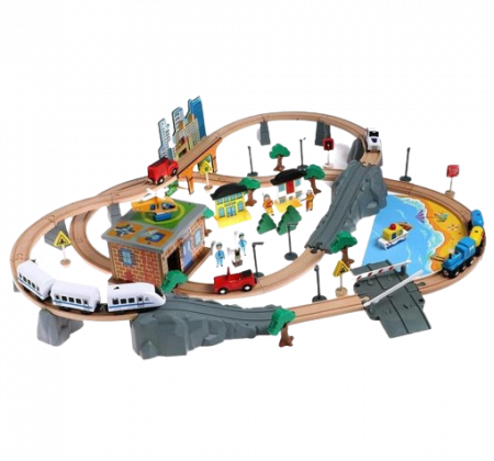 Set Mare Circuit de Tren din lemn, cu locomotiva electrica si o multime de detalii de jucat in tot orasul, 95 piese, Wood Mom [1]