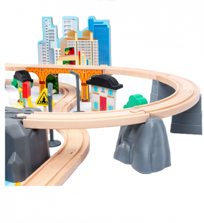 Set Mare Circuit de Tren din lemn, cu locomotiva electrica si o multime de detalii de jucat in tot orasul, 95 piese, Wood Mom [6]