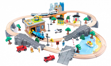 Set Mare Circuit de Tren din lemn, cu locomotiva electrica si o multime de detalii de jucat in tot orasul, 95 piese, Wood Mom [2]