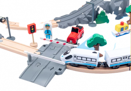 Set Mare Circuit de Tren din lemn, cu locomotiva electrica si o multime de detalii de jucat in tot orasul, 95 piese, Wood Mom [8]