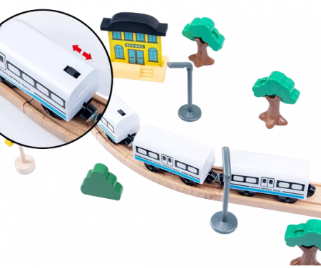 Set Mare Circuit de Tren din lemn, cu locomotiva electrica si o multime de detalii de jucat in tot orasul, 95 piese, Wood Mom [14]