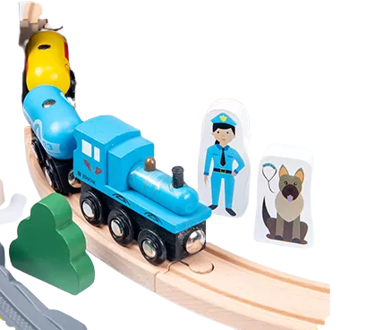 Set Mare Circuit de Tren din lemn, cu locomotiva electrica si o multime de detalii de jucat in tot orasul, 95 piese, Wood Mom [7]