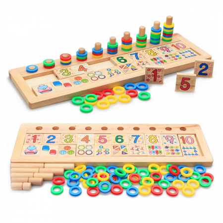 Jucarii si jocuri educative - Taba multifunctionala tip Montessori din lemn, Logaritmic Board cu cercuri multicolore pt cantitate, numere si operatiuni matematice