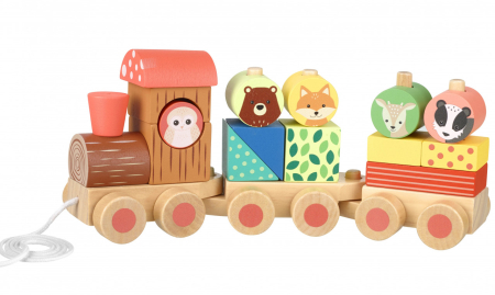 Noutati si reduceri - Trenulet din lemn cu forme si animale, Orange Tree Toys
