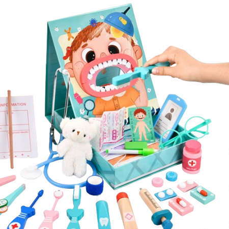 Trusa medicala de jucarie in forma de carte, set dentist din lemn, 23 accesorii, Jucarie Interactiva, kit complet, 3 ani+ [6]