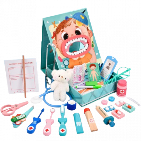 Trusa medicala de jucarie in forma de carte, set dentist din lemn, 23 accesorii, Jucarie Interactiva, kit complet, 3 ani+ [0]