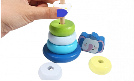 Turn din Cercuri de Stivuit pentru Educația Timpurie Montessori, Lemn, Elefant, 16 cm, 1 an [3]