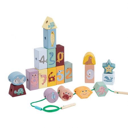 Cuburi Lemn pentru Construit si Snuruit, Montessori, 1 an+