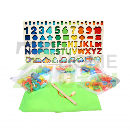 Jucarii si jocuri educative - Vehicle Toys -Joc de lemn 7 in 1 Montessori logaritmic, litere, cifre, forme geometrice, vehicule, pestisori magnetici de pescuit si cerculete de sortata