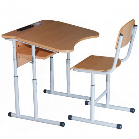 Mobilier scolar - Set masa elev, cu un raft si scaun în formă de T, tub rotund, cu acoperire HPL