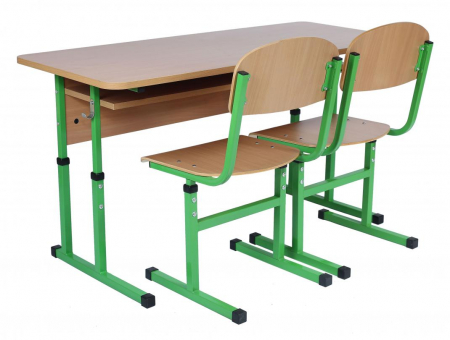 Banci si scaune sali de clasa - Set de masa cu 2 locuri cu raft, scaun No4-6 + în forma de T, tub pătrat, cu HPL