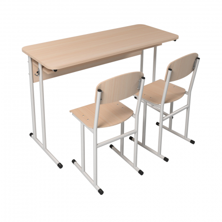 Banci si scaune sali de clasa - Set de masa cu 2 locuri cu raft, tub rotund, scaun No6 + pe lamele cu acoperire HPL, tub rotund