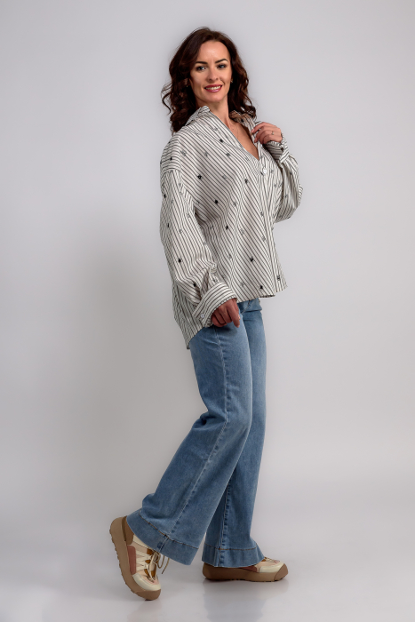 Camasa poplin oversize cu dungi fine alb-negru si broderie delicata [2]