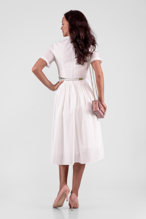Rochie midi din poplin alb, captusita, cu imprimeu floral stilizat si curea imbracata [2]