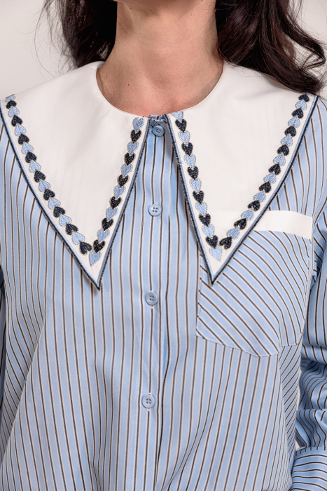 Camasa poplin bleu cu dungi albe si guler brodat [4]