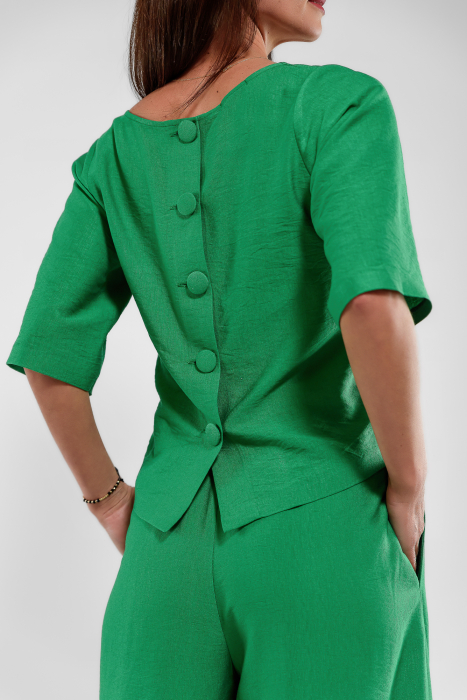 Compleu vascoza verde: pantaloni palazzo cu pliuri si bluza asimetrica cu nasturi la spate [4]