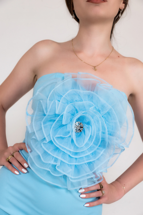 Rochie de ocazie bleu cu floare din organza [3]