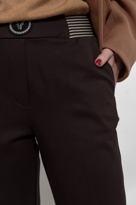 Pantaloni stofa maro conici cu elastic  cu dungi in talie [2]