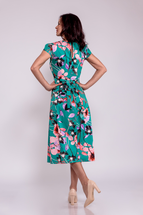 Rochie cu pliuri_ verde, flori lila si corai [4]