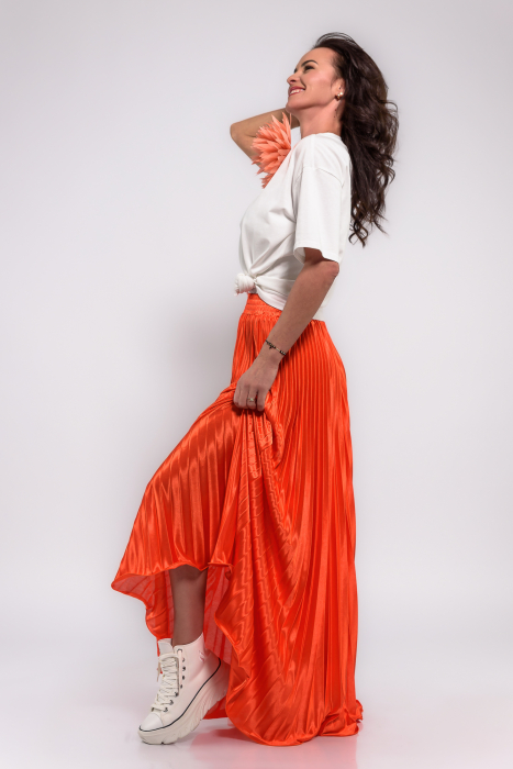 Fusta plisata lunga satinata portocalie [2]