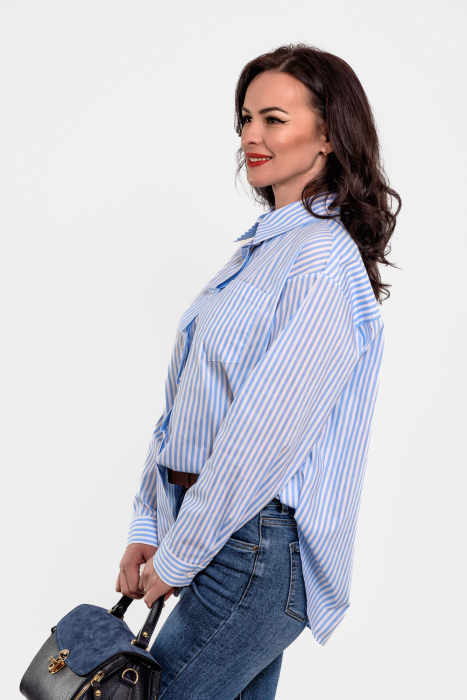 Camasa cu dungi bleu-alb cu cravata nedetasabila si buzunar la piept [3]