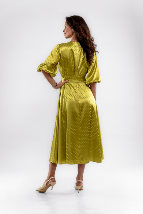 Rochie lime  tripluvoal satinat cu buline si floare supradimensionata [4]