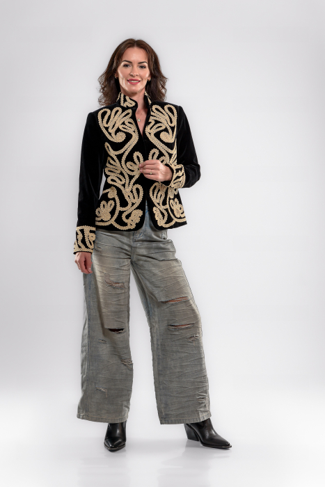 Sacou Effect catifea premium cu broderie baroc bej-aurie [1]