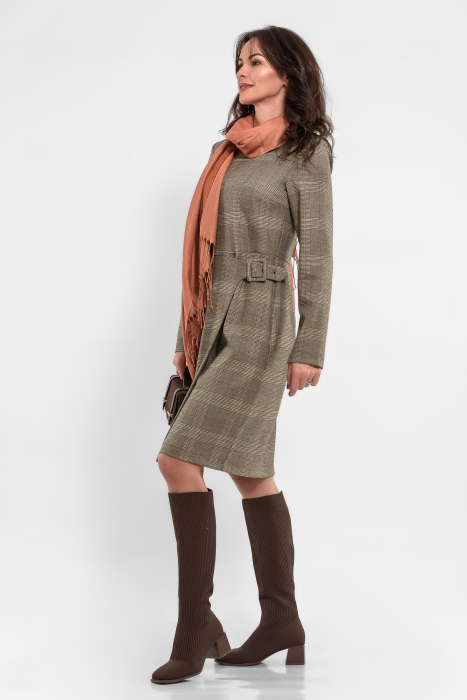 Rochie stofa carouri in nuante de bej si maro [2]