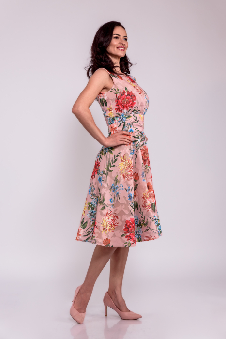 Rochie scurta petrecuta la spate_roz flori [2]